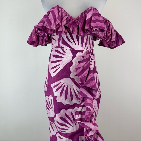 Anthropologie Sika Ruffle Off Shoulder Hawaiian Print Midi Dress Size 4 - Picture 2 of 11